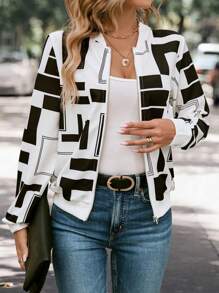 EMERY ROSE Geo Print Zip Up Bomber Jacket - White - View 7