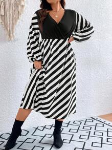 Celure 大碼條紋印花燈籠袖洋裝不附腰帶 - 黑與白 - 查看 5