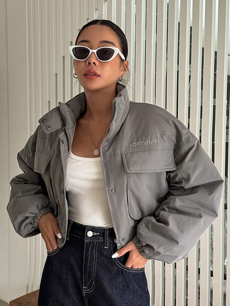 Letter Graphic Flap Pocket Drop Shoulder Winter Thick Pockets Coat, Women Winter Coat Jacket