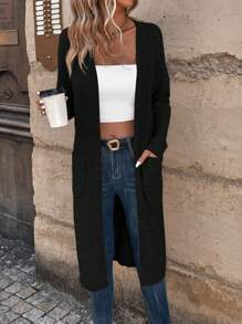 SHEIN LUNE 双口袋落肩开衫 - 黑色 - 查看 5