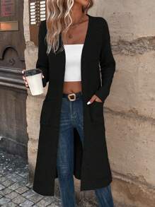 SHEIN LUNE 双口袋落肩开衫 - 黑色 - 查看 6