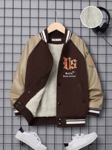 SHEIN Tween Boy Slogan Graphic Raglan Sleeve Thermal Lined Varsity Jacket