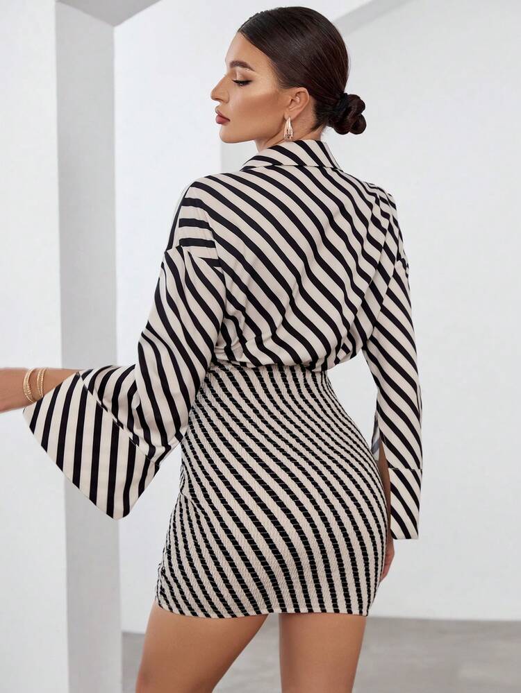 Striped Print Split Sleeve Bodycon Dress
