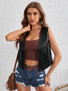 SHEIN VCAY Fringe Trim Open Front PU Leather Vest Jacket - Black - View 1