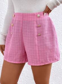 Celure 大碼假鈕扣粗花呢短褲 - 玫紅色 - 查看 1