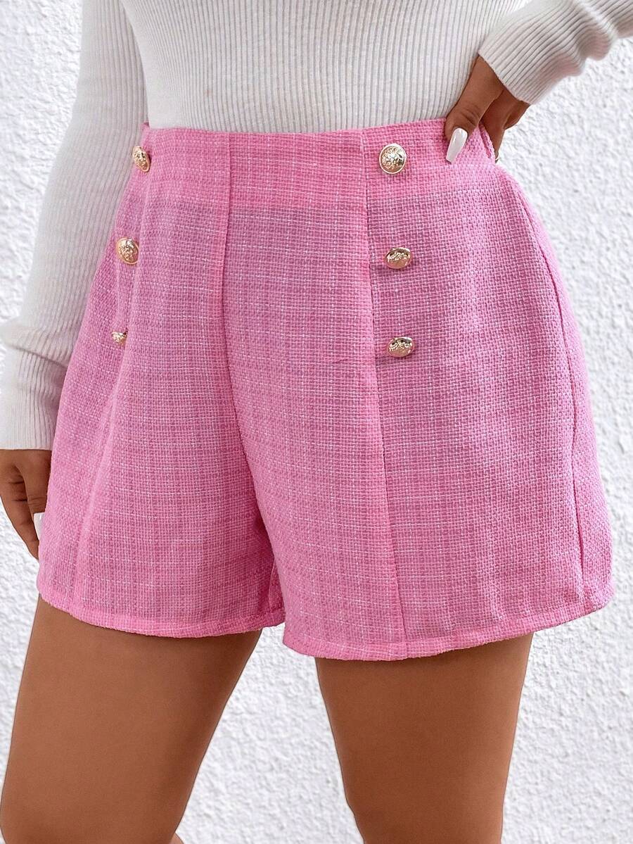 Celure 大碼假鈕扣粗花呢短褲 - 玫紅色 - 查看 1