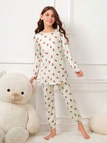Tween Girl Cherry Print Tee & Pants PJ Set - Grey - View 1