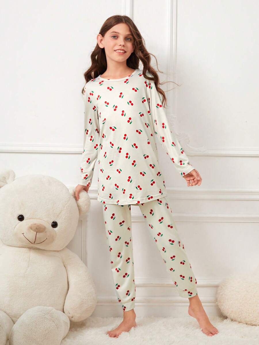 Tween Girl Cherry Print Tee & Pants PJ Set - Grey - View 1