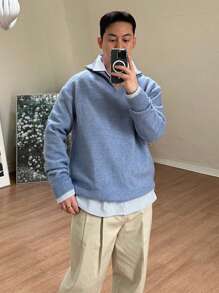 DAZY 男士纯色插肩袖半拉链开襟毛衣秋冬 - 淺藍色 - 查看 4