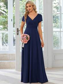 EVERPRETTY Surplice Neck Ruched Waist Chiffon Bridesmaid Dress - Navy Blue - View 5