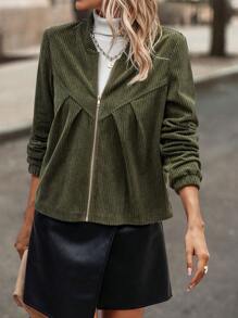 SHEIN Clasi 拉鏈開襟燈芯絨夾克 - 軍綠色 - 查看 1