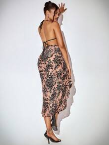 Sheer Floral Print Tie Backless Halter Neck Dress - Multicolor - View 5