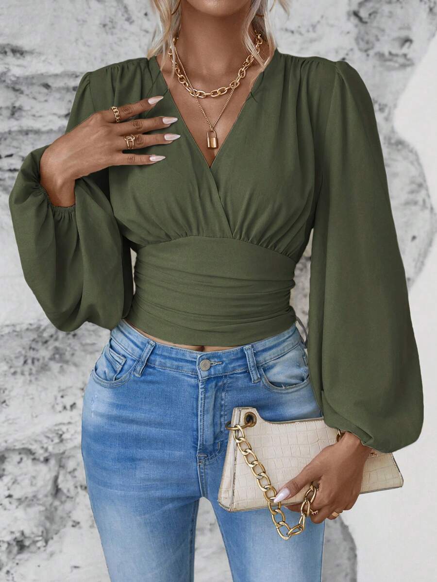 EMERY ROSE 女式纯色重叠V领灯笼袖褶皱时尚衬衫