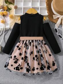 SHEIN Young Girl Floral Pattern Mesh Overlay Cold Shoulder Belted Dress - Multicolor - View 2