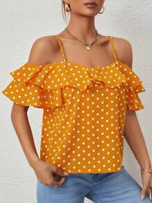 SHEIN Privé Blusa de lunares de hombros descubiertos ribete con fruncido - Amarillo - Ver 5