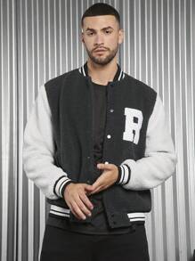 Manfinity VCAY 男士宽松字母拼接条纹装饰泰迪熊校队夹克 - 黑與白 - 查看 5