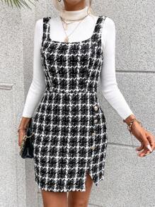 SHEIN Privé Vestido tipo peto de tweed con dobladillo dividido y estampado de pata de gallo sin suéter - Blanco y Negro - Ver 3