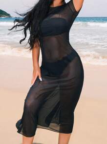 Swim Vcay 純色透明網紗罩衫洋裝（不含比基尼） - 黑色 - 查看 4