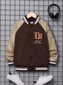 SHEIN Tween Boy Slogan Graphic Raglan Sleeve Thermal Lined Varsity Jacket