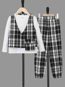 SHEIN Young Boy Solid Tee & Plaid Print Pants & Vest - Black and White - View 1