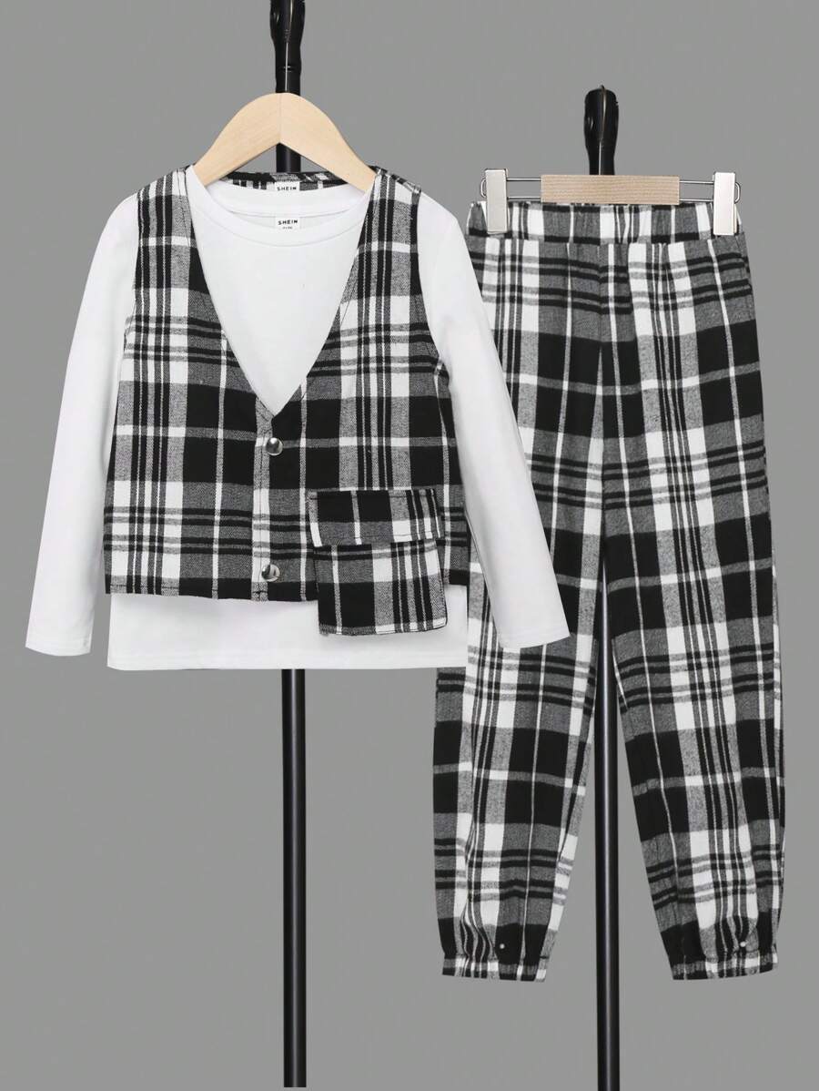 SHEIN Young Boy Solid Tee & Plaid Print Pants & Vest - Black and White - View 1
