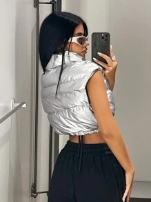 SHEIN ICON 拉链短款背心夹棉外套 - 銀色 - 查看 3