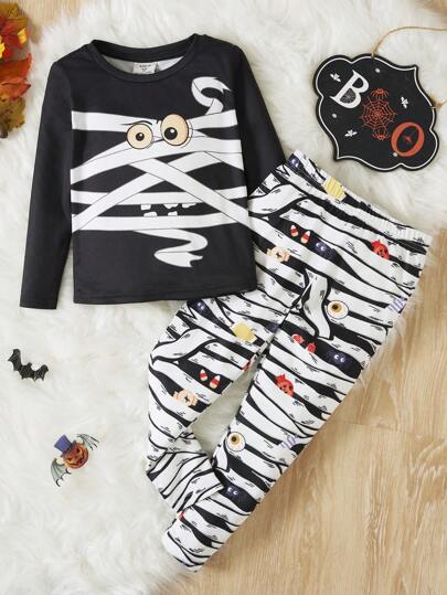 SHEIN 年輕男孩萬聖節印花貼身睡衣套裝