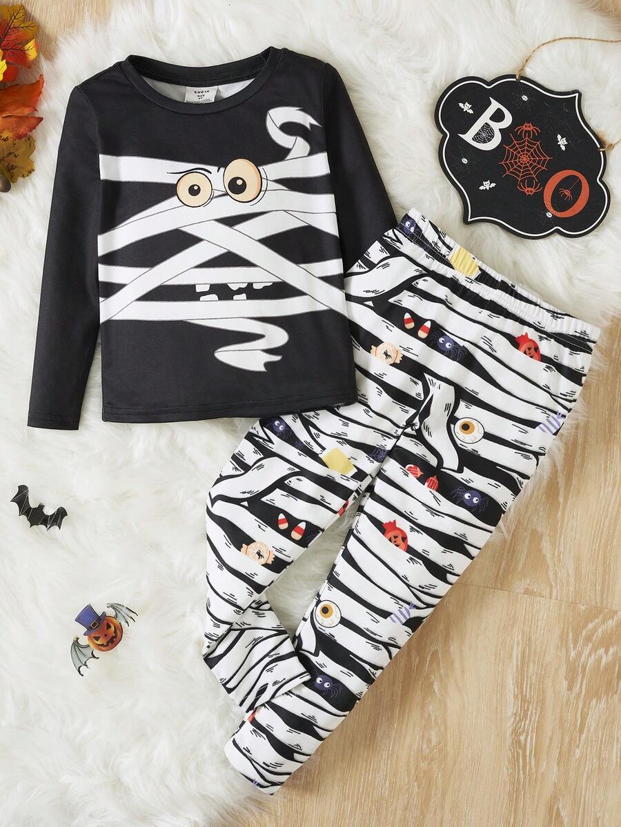 SHEIN 年輕男孩萬聖節印花貼身睡衣套裝
