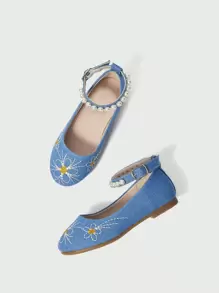 Fashionable Country Style Embroidered Denim Children's Flat Shoes With Pearls For Autumn