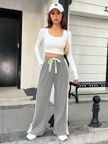 SHEIN EZwear Contrast Side Seam Tie Waist Sweatpants - Light Grey - View 5
