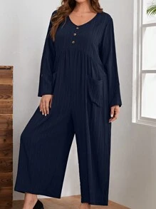 EMERY ROSE 大碼雙口袋闊腿連體褲 - 藏蓝色 - 查看 1