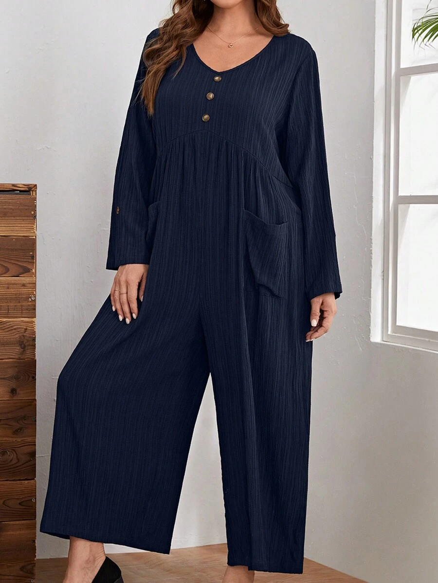 EMERY ROSE 大碼雙口袋闊腿連體褲 - 藏蓝色 - 查看 1