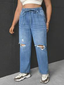 SHEIN LUNE Cộng với Quần Jeans dây rút eo rách sờn ống suông - Rửa nhẹ - Xem 5