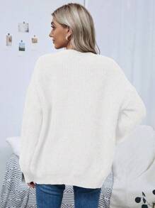 SHEIN Clasi 落肩休闲设计开衫，长袖上衣 - 米色 - 查看 2