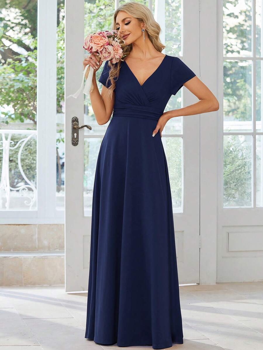 EVERPRETTY Surplice Neck Ruched Waist Chiffon Bridesmaid Dress - Navy Blue - View 1
