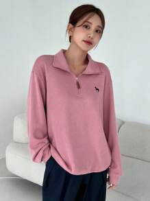 DAZY Embroidery Drop Shoulder Polo Neck Sweatshirt,Long Sleeve Tops,Fall Clothes - Pink - View 9