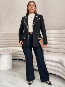 SHEIN Privé 對比色飾邊開襟西裝外套 - 黑色 - 查看 3