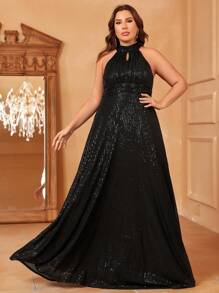 Plus Halter Neck Sequin Formal Dress - Black - View 4
