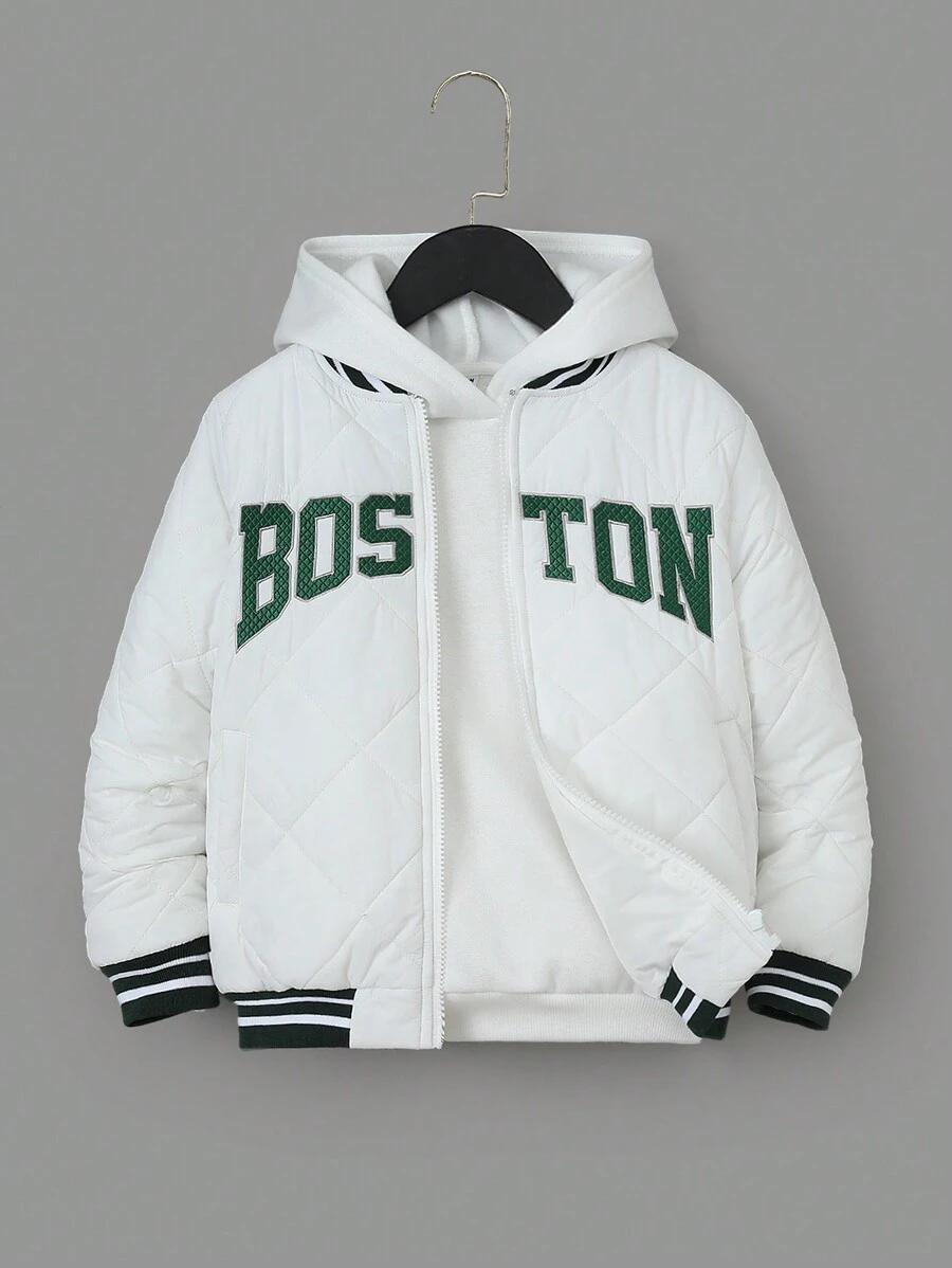 SHEIN Tween Boy 字母图案条纹装饰绗缝夹棉外套（不含卫衣） - 白色 - 查看 1