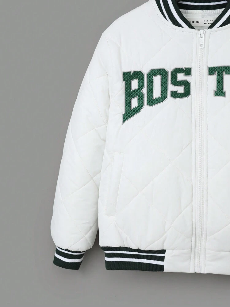 Tween Boy Letter Graphic Striped Trim Quilted Padded Coat Without Sweatshirt