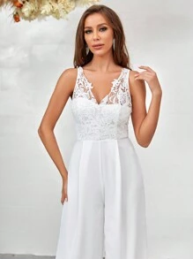 SHEIN Belle Bộ áo liền quần ống rộng ren ren guipure - trắng - Xem 7