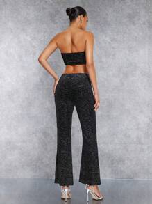 SHEIN BAE 金屬亮絲短款抹胸上衣&喇叭褲 - 黑色 - 查看 2