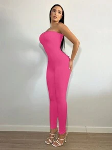 SHEIN SXY Solid Backless Tube Unitard Jumpsuit - Hot Pink - View 3