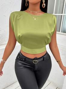 SHEIN Slayr Solid Tie Back Crop Satin Blouse - Olive Green - View 4