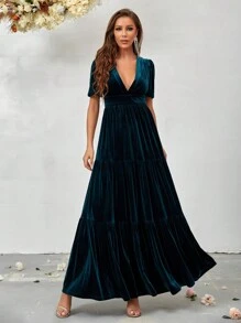 SHEIN Belle Plunging Neck Ruffle Hem Velvet Bridesmaid Dress - Green - View 1