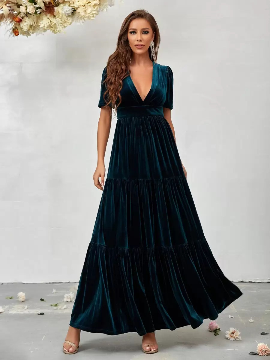 SHEIN Belle Plunging Neck Ruffle Hem Velvet Bridesmaid Dress - Green - View 1