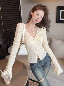 DAZY Solid Button Front Lettuce Trim Top,Ruffle Long Sleeve Women Tops