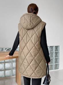 DAZY Zip Up Hooded Vest Quilted Thick Pockets Coat - Green - View 3