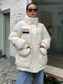 DAZY Letter Graphic Slant Pocket Puffer Thick Pockets Coat ,Winter Women Clothes,Winter Coat Women