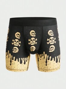 Men Skull Print Square Leg Swim Trunks - Yellow - View 1
